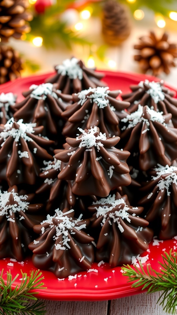 Chocolate Coconut Haystacks Recipe A festive plate of chocolate coconut haystacks with holiday decorations.